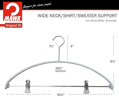 Mawa by Reston Lloyd European Non-Slip Metal Clothing Hanger, Smooth Shoulder Support & Adjustable Pant Clips, 1 Piece, Silver