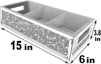 Wocred Bathroom Basket Toilet Tank Upgrade,Crushed Diamond Mirrored Bathroom Tray Wall-Mounted,3 Layer partition Storage Organizer fits Dresser Bedroom,Bathroom,Coffee Table.(15”x6”x3.8”)