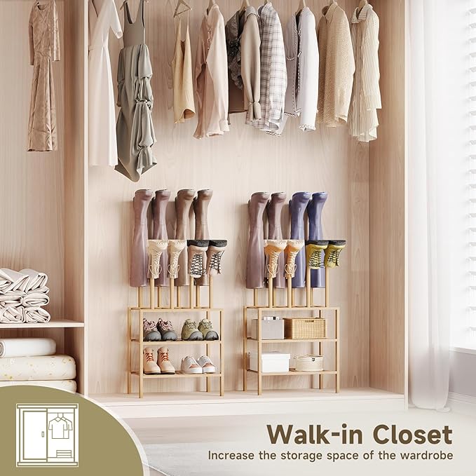 Boot Rack for Tall Boots Organizer,3-Tier Multiuse Shoe Rack and Boot Storage Rack,for Tall Boots,Sneakers,High-Heel (Natrual, 3-tier-short)