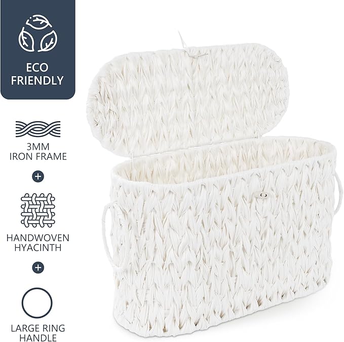 Coeusy Toilet Paper Basket,Wicker Toilet Paper Storage with Lid,Decorative Boho Wicker Basket for Bathroom,Free Standing-Cream White