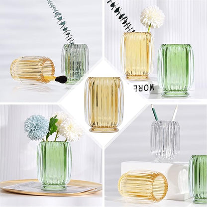 DASITON Makeup Brush holder Organizer,Crystal Cosmetic Makeup Brush Glass Brushes Storage Holder, Vintage Make Up Brush Cup striped vase(Amber)