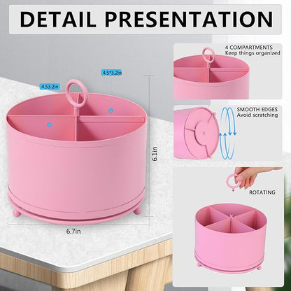NelyBet 360°Rotating Metal Utensil Caddy 4 Compartment Silverware Cutlery Holder Fork Spoon Napkin Organizer Flatware holder with Handle For Picnic Camping Party - Pink