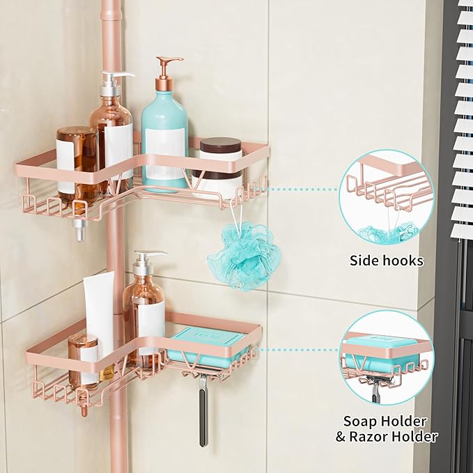 KEGII Corner Shower Caddy Tension Pole - 4-Tier Rustproof Bathroom Organizer, Floor to Ceiling Shower Caddy 25-114.2 inch, No Drilling Shower Storage Rack for Shampoo, Towels (Blush Nude)