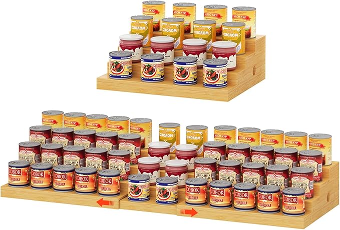 4-Tier Extra-Long Expandable Can Rack, Adjustable Bamboo Organizer for Pantry, Can Storage Holder for Pantry Shelf & Countertop, Large Capacity Holds 60 Cans (3.75oz), Patent Pending