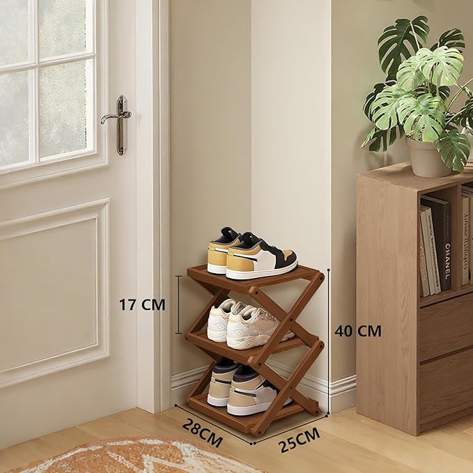 YYW Shoe Rack, Foldable Bamboo Shoes Shelf, Freestanding Shoe Storage Organiser for Entryway, Bedroom, Closet, Hallway - Functional, Natural Shoe Rack (Brown, 3 Layers)