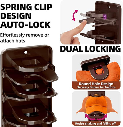 Spring Clip Hat Organizer for Baseball Caps – 2 Pack, Wall Hat Rack for Door & Closet – Keeps 20 Hats Tidy in Garage, Dorm, Man Cave – Multi-Layer Cap Storage (Brown)