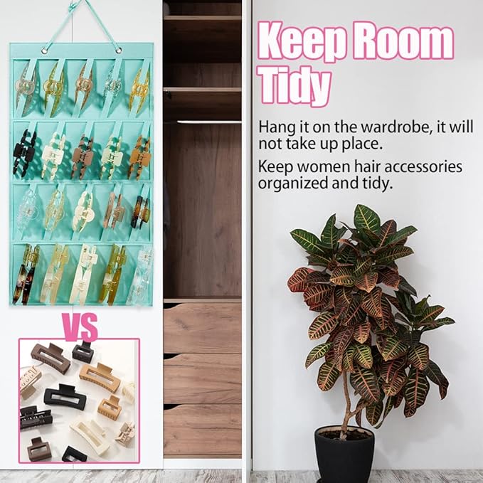 Claw Clip Organizer,Large Hair Clip Organizer,Premium Felt Hanging Claws Clips Storage Hanger for Girls Women Hair Clip,Banana Clip,Bows(NO Accessories) Display Stand for Wall Door Closet (Blue-green)