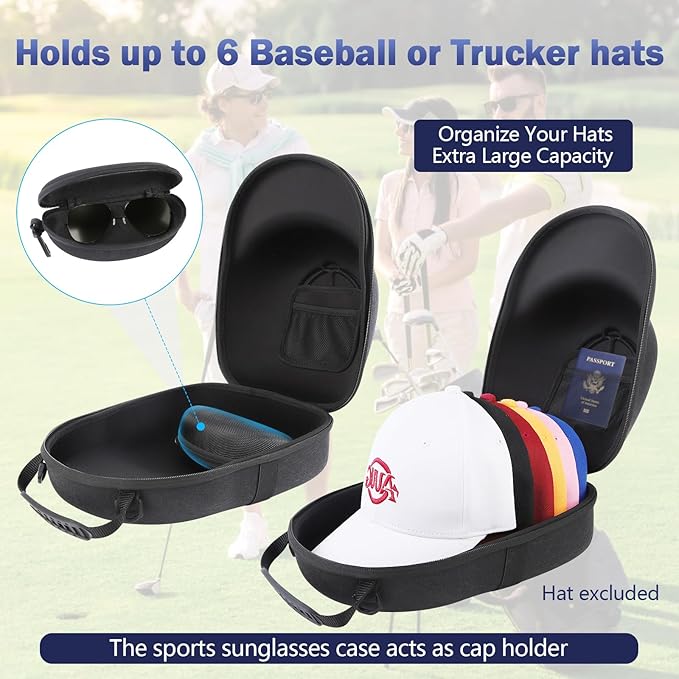 Hat Travel Case, Hard Hat Carrier Organizer with Clip & Glasses Storage, Holds 6 Baseball Caps for Home/Travel - Black