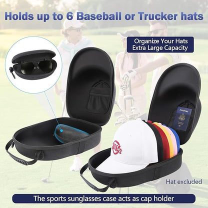 Hat Travel Case, Hard Hat Carrier Organizer with Clip & Glasses Storage, Holds 6 Baseball Caps for Home/Travel - Black