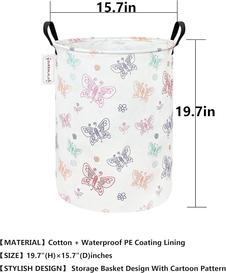 QUEENLALA Large Storage Basket,Laundry Hamper/Bathroom/Home Decor/Collapsible Round Storage Bin,Boys and Girls Hamper/Boxes/Clothing（Round-Colorful Butterfly）
