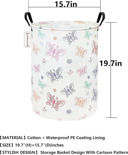 QUEENLALA Large Storage Basket,Laundry Hamper/Bathroom/Home Decor/Collapsible Round Storage Bin,Boys and Girls Hamper/Boxes/Clothing（Round-Colorful Butterfly）