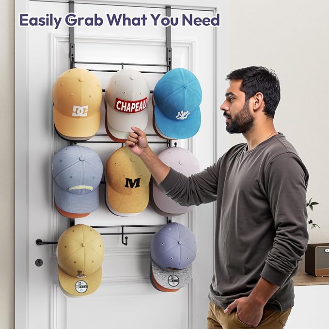 SWTYMIKI Over Door Hat Organizer - 3 Tier Metal Adjustable Wall Mounted Hat Rack with 9 Hooks Design, Hanging Baseball Cap Organizer Storage Holds up to 27 Caps for Door, Bedroom, Closet