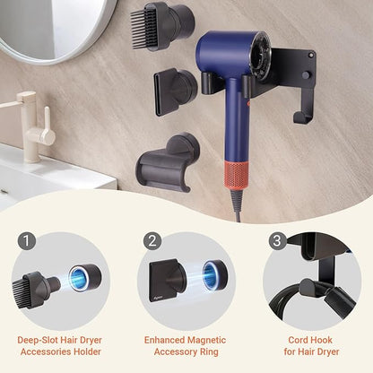 Hair Dryer Holder, Hair Dryer Holder Wall Mounted Self Adhesive Hairdryer Holder forDyson Aluminum Blow Dryer Holder Wall Mounted Black Hairdryer Hanger for Bathroom Black CHOCHOYAH