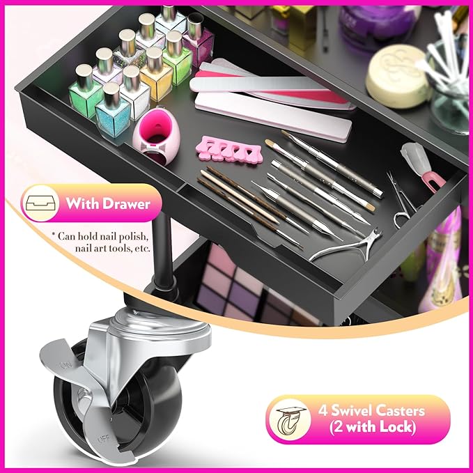 SUNALLY Makeup Cart Organizer with Drawers, 4 Tier Floor Skincare Organizers for Vanity, Rolling Makeup Bathroom Storage Cart Cosmetics Display Cases for Skin Care Perfume Nail Polish, Black