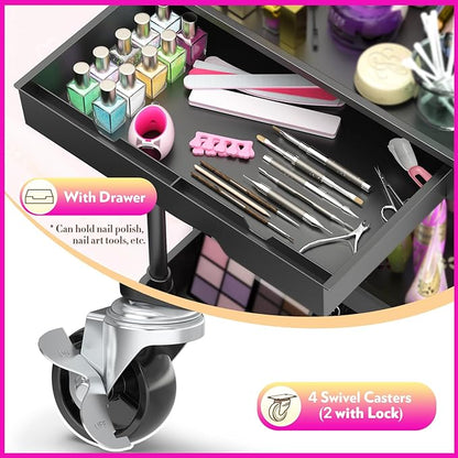 SUNALLY Makeup Cart Organizer with Drawers, Floor Skincare Organizers Vanity Storage Organizer, Rolling Makeup Bathroom Storage Cart Cosmetics Display Cases for Skin Care Perfume Nail Polish, Black