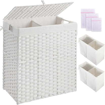 Greenstell Laundry Hamper with lid, No Install Needed, 110L Wicker Laundry Baskets Foldable 2 Removable Liner Bags, 2 Section Clothes Hamper Handwoven Rattan Laundry Basket with Handles, White