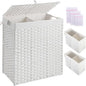 Greenstell Laundry Hamper with lid, No Install Needed, 110L Wicker Laundry Baskets Foldable 2 Removable Liner Bags, 2 Section Clothes Hamper Handwoven Rattan Laundry Basket with Handles, White