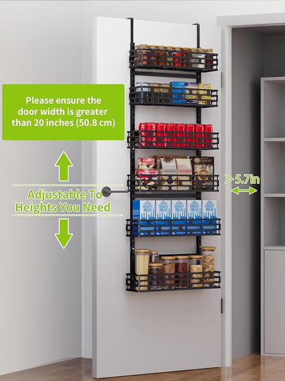 6-Tier Over the Door Pantry Organizer, 60.4"H Adjustable Metal Hanging Storage Rack, 198LBS Heavy Duty Door Mount Organizer for Pantry Laundry Room Bathroom, Black