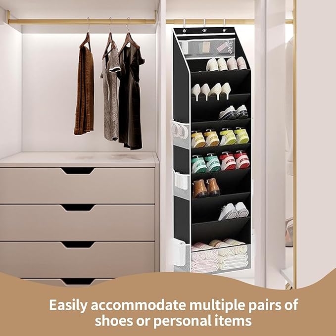 8 Tier Over the Door Shoe Storage Organizer with 8 Large Pockets, Hanging Shoe Organizer With 6 Side Pocket,Fits 16–24 Pairs of Sneakers, Sandals, Boots,Door Storage for Narrow Closet and Dorm (Grey)