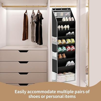 8 Tier Over the Door Shoe Storage Organizer with 8 Large Pockets, Hanging Shoe Organizer With 6 Side Pocket,Fits 16–24 Pairs of Sneakers, Sandals, Boots,Door Storage for Narrow Closet and Dorm (Grey)