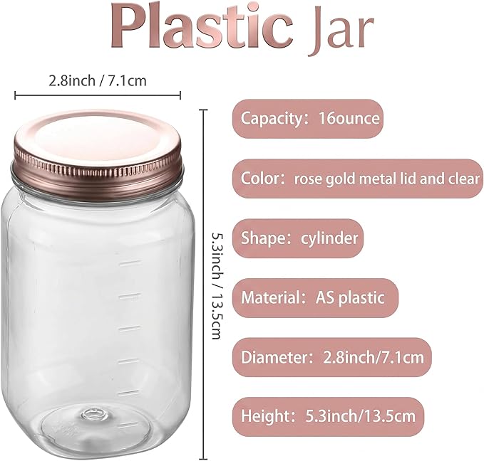 novelinks 16 oz Clear Plastic Jars with Lids, Refillable 16oz Mason Jars with Lids & Storage Containers for Kitchen & Household Use (24 Pack,Rose Gold)