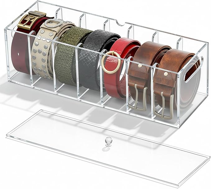 1 PCS Acrylic Belt Organizer, 7 Grids Belt Storage Organizer for Drawer with Lid and Handle Tie Holder Tabletop and Wall Mounted Tie Storage for Bedrooms and Dressing Rooms