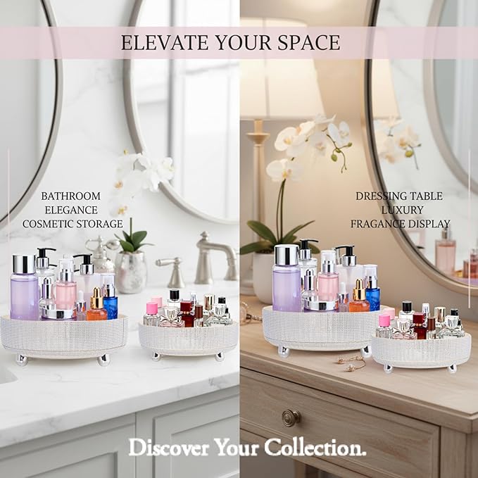 Rotating Bling Perfume Makeup Organizer, Rhinestone Cosmetic Display Cases with 2-Piece Set, 360° Spinning Bathroom Organizers for Countertop, Vanity Table | White