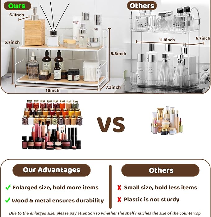 Edergoo Bathroom Counter Organizer 10s Tool-Free Install, 2 Tier Bathroom Organizers and Storage, Collapsible Bathroom Organizer Countertop, Wood Bathroom Kitchen Countertop Organizer, White