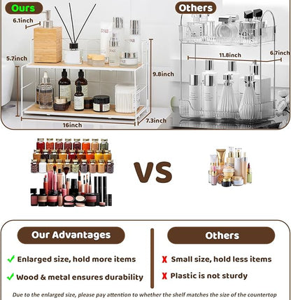 Edergoo Bathroom Counter Organizer 10s Tool-Free Install, 2 Tier Bathroom Organizers and Storage, Collapsible Bathroom Organizer Countertop, Wood Bathroom Kitchen Countertop Organizer, White