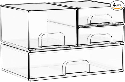 Yieach 4 Pack Clear Stackable Storage Drawers,Acrylic Drawer Organizer for Medicine,Palettes,Hair Accessories and Makeup Organizer,Plastic Drawers for Cabinet,Office,Desk,Bathroom Storage Containers