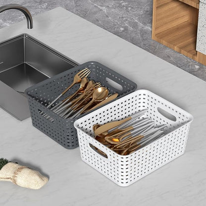 Mixed Color Rectangle Organizer Basket, Plastic Woven Storage Shelf Baskets, 6 Packs