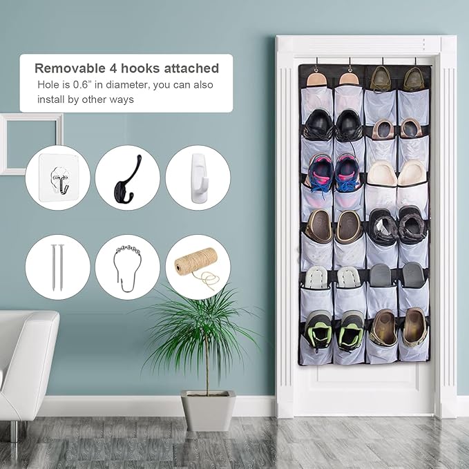 Over the Door Hanging Shoe Organizer with 24 Large Mesh Pockets - Shoes Holder/Black