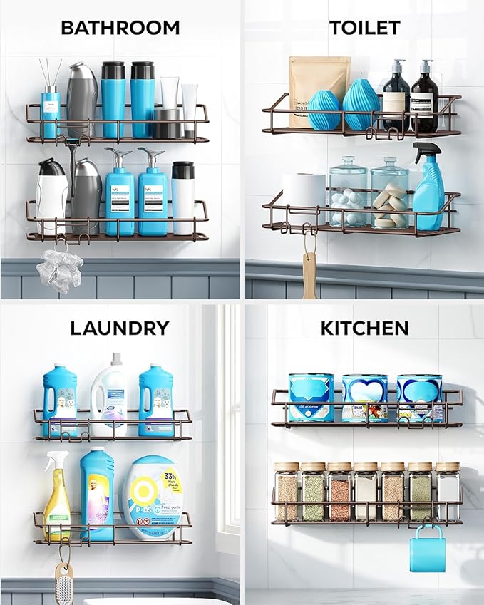 Nieifi Shower Caddy Shelf Storage Rack Adhesive Without Drilling Stainless Steel with Hooks for Washroom, Lavatory, Restroom, Toilet, Bathroom, Kitchen - 2 Pack Bronze