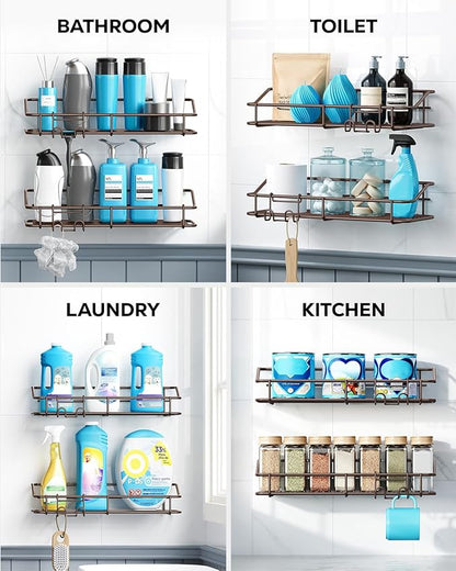Nieifi Shower Caddy Shelf Storage Rack Adhesive Without Drilling Stainless Steel with Hooks for Washroom, Lavatory, Restroom, Toilet, Bathroom, Kitchen - 2 Pack Bronze