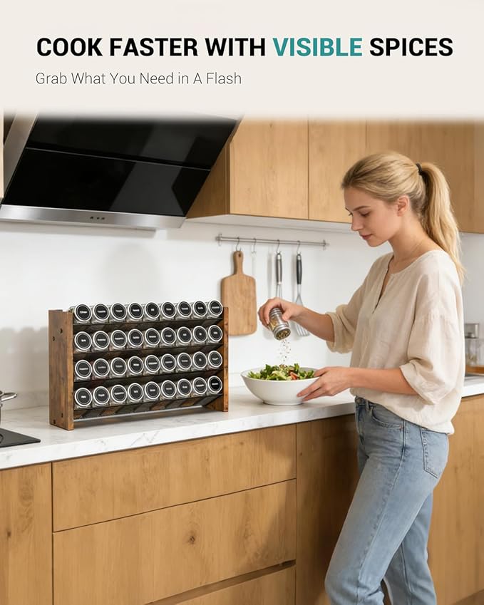 NESAPTO Spice Rack Organizer for Cabinet, Wood 4-Tier Vertical Seasoning Organizer, Wall Mount or Countertop Spice Shelf, Holds 36 Jars (No Jars Included), 17.2" W x 9.4" H