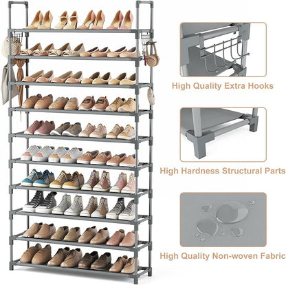 VTRIN 10 Tiers Shoe Rack Tall Large Capacity Wide Shoe Organizer Sturdy Shoe Shelf for Entryway with Two Hooks Metal Shoe Storage for Closet, Bedroom, Grey