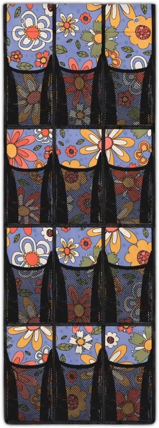 Over the Door Shoe Organizer,Retro Hippie Floral Pattern Behind Door Shoes Hang Holder Rack,Hanging Shoe Storage Hanging Bag Space Saver Waterproof Reusable