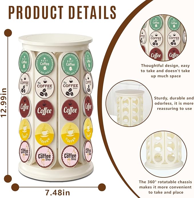 K Cup Holder, Coffee Pod Storage Carousel Holder Organizer Compatible with 40 Keurig K-Cup Pods, Home or Office Kitchen Counter Organizer（White）
