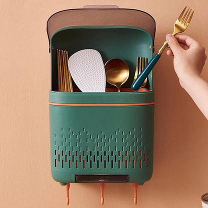 Chopstick Container, Kitchen Cutlery Drainer, Hanging Kitchen Utensil Holder, Waterproof Chopstick Storage Rack, Rustproof Compartmental Storage Cutlery Drainer with Cover for(Coloured Glaze Green)