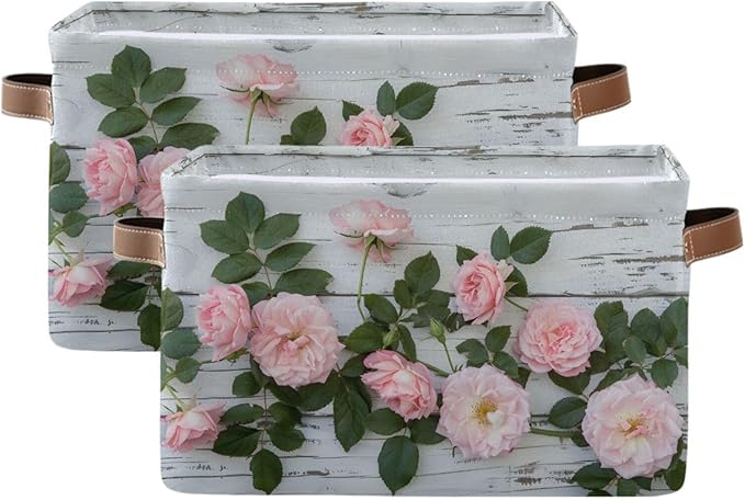Large Storage Basket Pink Rose Storage Bin Cube Canvas Fabric Organizer Handles Collapsible for Clothes Toys Bedroom Decorative