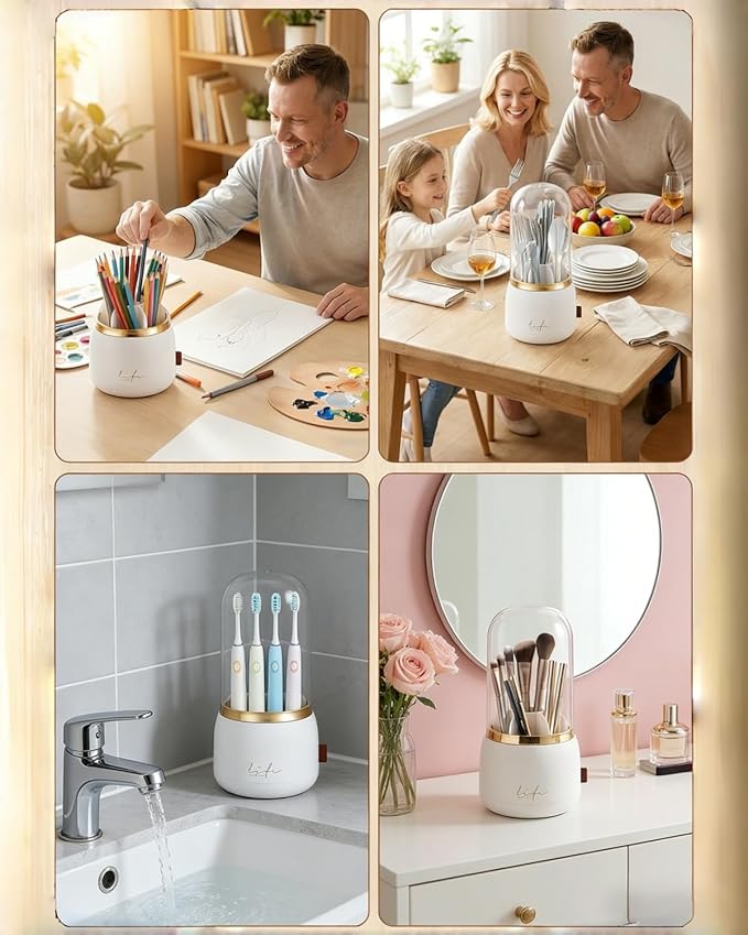 Silverware Organizer with Lid, 360° Rotation Utensil Holder for Kitchen Counter, Silverware Caddy for Party, 7 Slots Fits Standard Utensils & Steak Knives, Not for Extra-Long Knives(White)