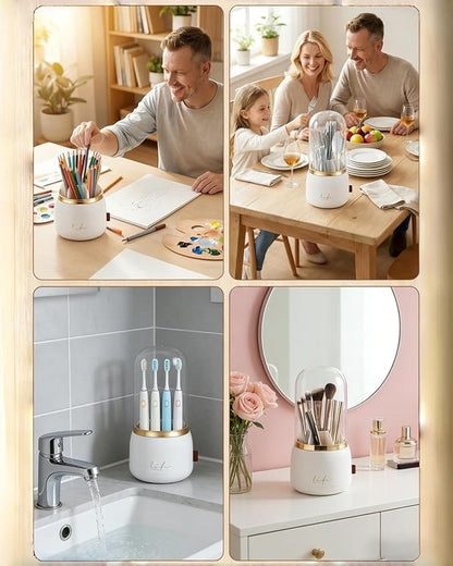 Silverware Organizer with Lid, 360° Rotation Utensil Holder for Kitchen Counter, Silverware Caddy for Party, 7 Slots Fits Standard Utensils & Steak Knives, Not for Extra-Long Knives(White)