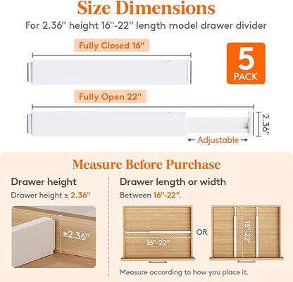 Lifewit 5 Pack 2.36" High Drawer Dividers 40-56cm/16-22 Adjustable Drawer Organizer for Clothes/Utensils, Expandable Drawer Separator in Dresser/Kitchen/Bedroom/Office Organization & Storage White