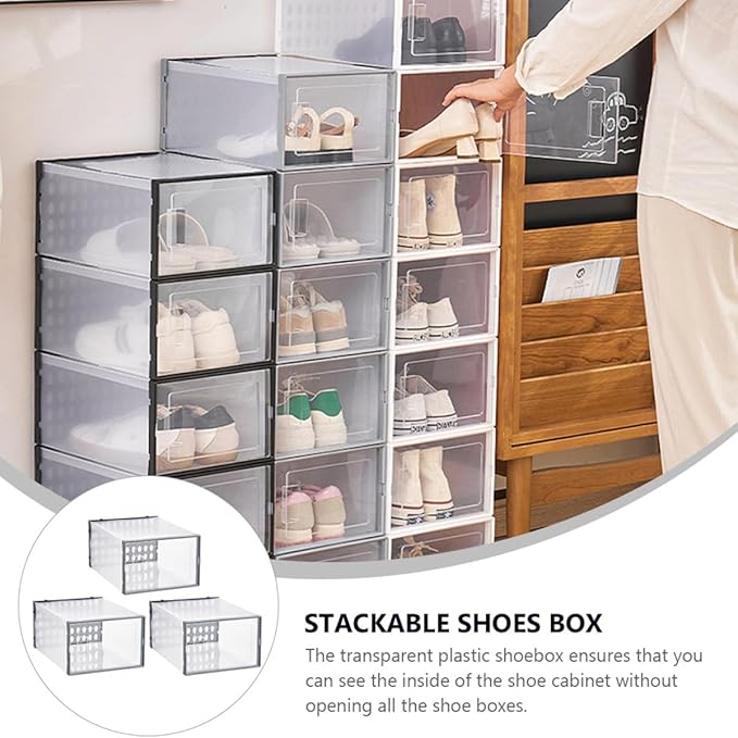Levemolo High-top Basketball Shoe Boxes 3pcs Gray 34x15.5x24cm Plastic Shoe Organizer Dustproof Moisture-resistant Storage Case for Closet and Home