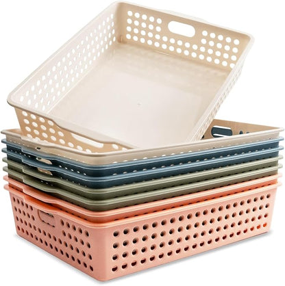 8 Pack Paper Organizer Baskets Trays, 14 Inch Colorful Plastic Storage Baskets Stackable Organizer Bins with Handles for A4 Documents, Arts, Crafts, Library, Office