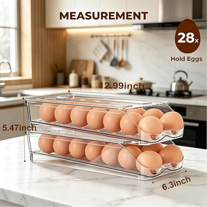 Egg Holder for Fridge,Automatic Rolling Egg Container for Refrigerator,2 Pack Clear Stackable 28-Count Egg Organizer with Lid, Fridge Organizers and Storage