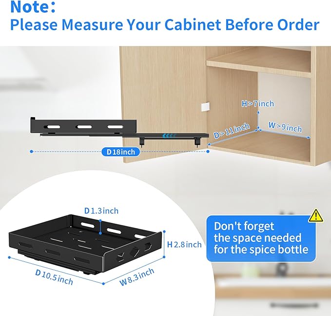 BOIVSHI Pull Out Spice Rack, Heavy Duty Spice Rack Organizer, 1 Tier Spice Organization for Cabinet, Vertical Spice Rack for Kitchen, Cabinet, Pantry (8.4''Wx10.5''Dx2.8''H, Metal Black)