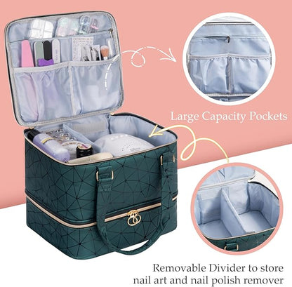 Uross Nail Polish Organizer Bag Holds 42 Bottles Nail Polish & Nail Lamp, Gel Nail Polish Organizers and Storage box for Nail Tech, Nail Kit Supplies Organizer Case - Darkgreen