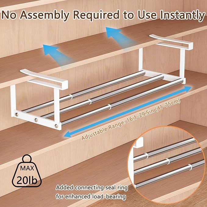 Stainless Steel Expandable Shoe Rack Organizer for Closet – 16 to 30 Inch Adjustable, Retractable Hanging Cabinet Storage Shelf – Space-Saving Storage for Under Shelf, Closet, or Cabinet (Silver)