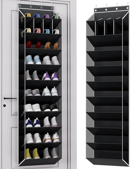KYEVIS 10-Tier Large Size Over the Door Shoe Organizer, 20 Pairs Hanging Shoe Rack for Closet with Deep Pockets, Space-Saving Storage for Sneakers, Boots Heels (Black)